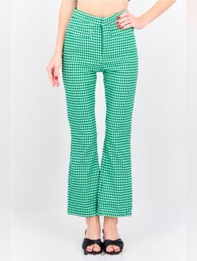 Mango Green Gingham High Waist Flare Pants